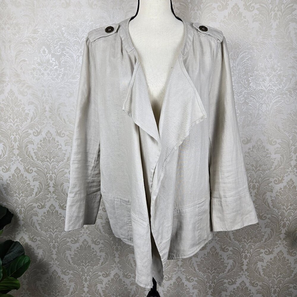 For Cynthia Size 1X Cream Colored Linen Waterfall Jacket Open Front Pockets